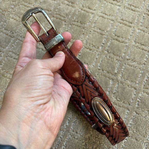 Fossil Leather Concho Belt Men 34 Brown Silver Full Grain Cowhide South Western - Picture 1 of 10